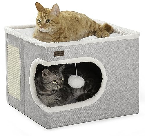 Garnpet Cat Bed for Indoor Cats Cube House, Covered Cat Cave Beds & Furniture with Scratch Pad and Hideaway Tent, Cute Modern Cat Condo for Multi Small Pet Large Kitten Kitty, Grey