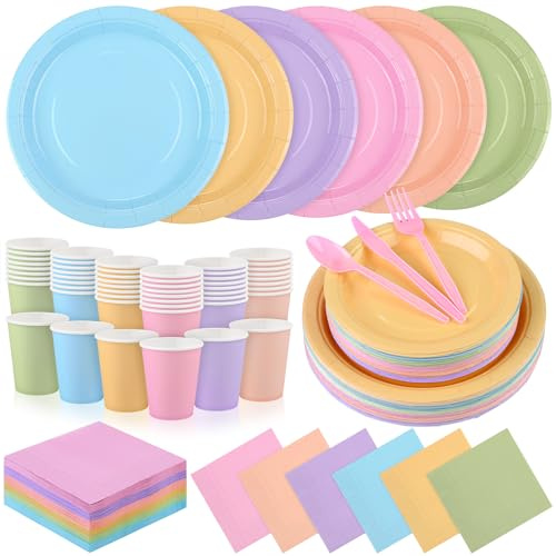 durony 360 Pieces Pastel Rainbow Disposable Party Supplies Serves 48 Guests Include 7 and 9 Pastel Paper Plates Cups Napkins Cutlery Pastel Rainbow Party Decorations for Birthday Wedding Baby Shower