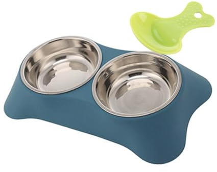 Double Dog Bowl,Non Slip Stainless Steel Double Bowls (Dark Blue, M) | Non-spill Pet Double Bowls with 1 Pet Food Spoop For Small Dogs and Cats