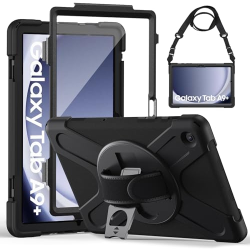 Gerutek Case for Samsung Galaxy Tab A9 Plus with Screen Protector, Full Body Shockproof Rugged tablet A9 Plus Case 360 Rotating Stand+Hand &Shoulder Strap for Samsung A9 Plus tablet, Black
