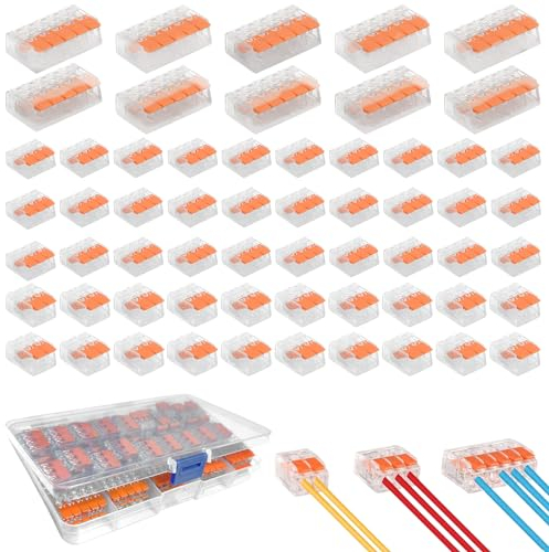Kabelverbinder 60 Stück Kabelklemmen Elektro Lüsterklemmen mit Betätigungshebel,Elektro Klemmen Set 4mm² Leiter Klemme Verbindungsklemme Können Frei Kombiniert Werden für Feste Kabe 2-5 Leiter (60)