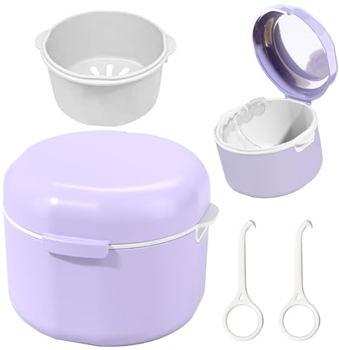 BORISCA Caja Ferula Dental, Limpiador Ferula Dental Caja Limpieza, Caja Aparato Dental con Filtro y Cestillo, Funda Ferula Dental para Guardar y Limpiar Dientes Postizos (Púrpura)