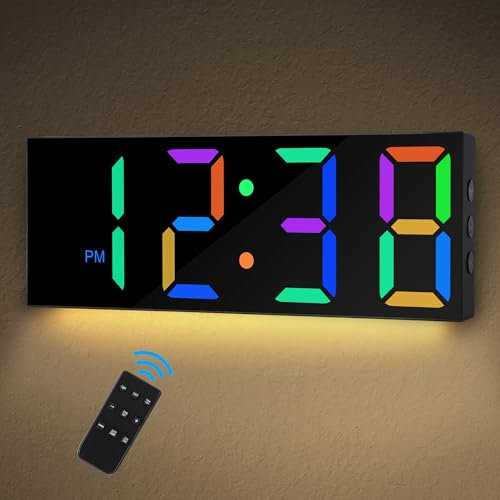 Sukeen Digital Wall Clock With Night Light, 12 Wall Clock, Large Digital Clock Wall with Remote Control, 8 Colors Digits, 5-level & Auto Brightness, Clocks for Living Room Bedroom Office School