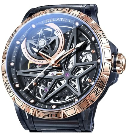 OLEVS Men's Skeleton Watch Luxury Dress Black Leather Silver Gold Tourbillon Moon Phase Automatic Mechanical Self-Winding Waterproof Luminous Wrist Watches