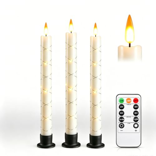 Da by 3 Pack Ivory Flameless LED Taper Candles, Cross Wound Copper Fairy Lights, Realistic Moving Flame ABS Reusable Candles, Remote Control, 2.2cm x 25cm, Indoor Outdoor Wedding Home Decor
