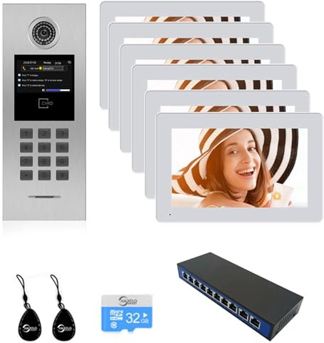 Tuya Smart Video Intercom System 6 Unit 7 Inch IP Video Intercom Phone for Apartment Building Security Home Access Control System,Night Vision, Door/Gate Unlock(1 Doorbell+6 Monitor+1 POE)