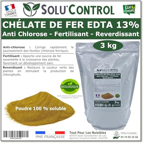 Solu'Control Chélate de Fer EDTA 13%, Anti-chlorose, Fertilisant, Reverdissant, 3 kg