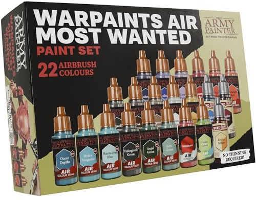 The Army Painter, Warpaints Air Most Wanted Paint Set, 22x18ml vernici, 19 vernici acriliche per aerografo, incl. 2 metallizzati, 1 fluorescente, 1 medium e 3 Speedpaints - per modelli e pittura di mi