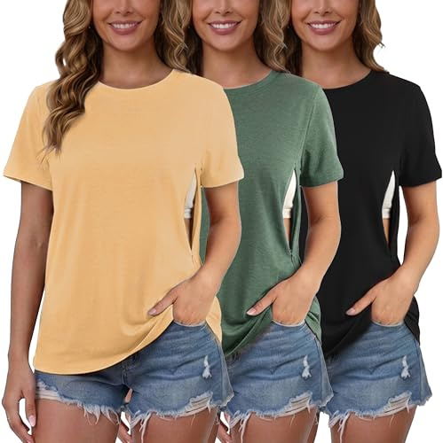 Love2Mi Set de 3/4 Camisetas de lactancia con cierre oculto, abertura para amamantar, camiseta de maternidad de manga corta para embarazadas, S