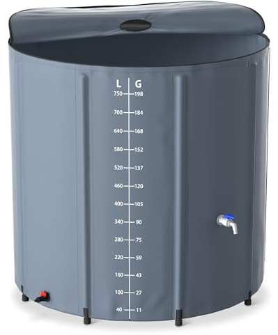 XMTECH Barril de lluvia plegable – Depósito de agua de lluvia con rejilla de entrada de agua y válvula de drenaje, depósito de agua de lluvia, ideal para regar o limpiar tu jardín, 750 L, gris oscuro