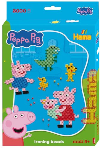 Hama Perlen 7976 Peppa Wutz & Schwester, Petit Coffret Cadeau avec 2000 Perles Midi, Plaque Transparente, modèle, Papier à Repasser et Instructions, Plaisir de bricoler pour Petits et Grands.