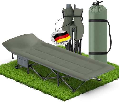Lit Pliant 1 personne, Lits de campe pliable avec matelas, oreiller, poches latérales et sac de transport, Lit Picot d'invité Couchage, Chaise longue de camping rembourré pour carpe Maison, Vert-gris