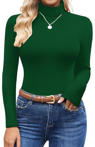 Ekouaer Women's Turtleneck Shirts Ribbed Knit Pullover Sweater Long Sleeves Tops Midweight Thermal Underwear Blouse Evergreen XS