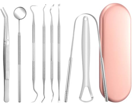 Kit de racloir tartre en acier inoxydable et extracteur de plaque dentaire avec nettoyeur de langue et étui de rangement, pour soins bucco-dentaires à domicile (boîte de 8 pièces or rose)