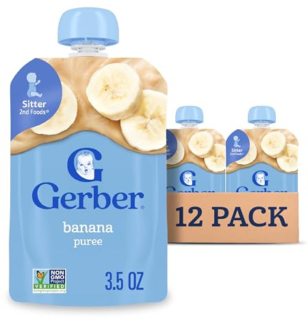 Gerber Stage 2 Baby Food, Banana Puree Pouch, 2 Servings of Fruit, No Added Sweetener, No Artificial Colors or Flavors, 12-Pack