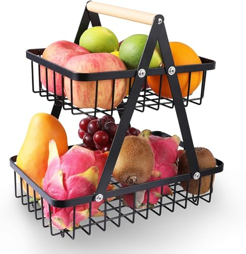 MEESOGA Obst Etagere Obstkorb mit 2 Etagen Metall Obstkorb Brotkorb 2 Ebenen Obst Etagere Obstschale Etagere Gemüsekorb Aufbewahrung für Küche Obst Gemüse Snacks Aufbewahrung