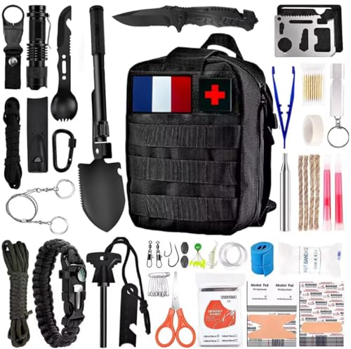 Kit de Survie Sac Complet - Trousse de Secours - Mini Pelle Pioche Pliante - Boussole - Paracorde - Couteau Pliant Multifonction - Allume Feu - Lampe Torche (Noir) 4 Drapeaux