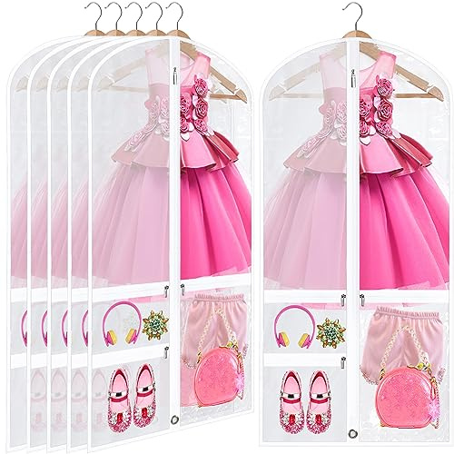 Suttmin 6 Pcs 24'' x 50'' Clear PVC Garment Bag Dance Costume Competition Bag with Rack Zippers Pockets Hanging Garment Covers Costume Organizer Costume Carrier for Adults Kids(White)