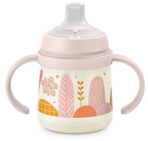Suavinex, Vaso Aprendizaje Bebé con Boquilla de Silicona y Asas, Biberón con Asas, con Sistema Anticólico, Tapa Protectora, Vaso Antiderrame, 150 ml, para Bébés +6 Meses, Apto Lavavajillas, Rosa