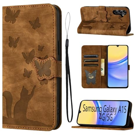 LSPCASA Fällbart fodral för Samsung Galaxy A15 5G på 6,5 tum, stativfunktion, med kortfack, katt- och fjärilsmönster, läderfodral, brunt