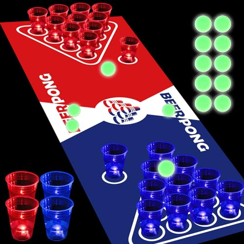 meishuneu 71 * 23 Zoll Glow Beer Pong Tischmatten-Set, leuchtendes tragbares Pong-Set für Partyspiele, 22 glühende Partytassen (rot und blau), 6 leuchtende Pongs leuchten im Dunkeln Party