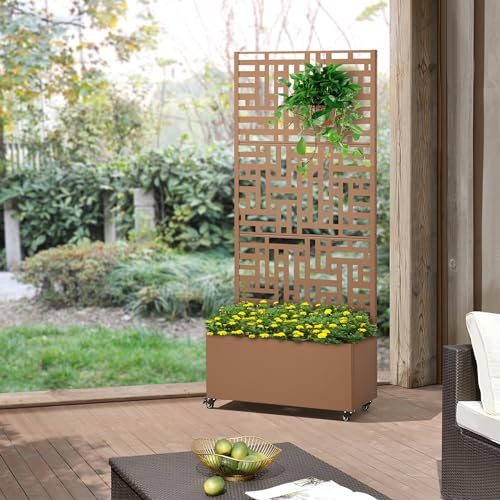 casa.pro Fioriera con Grigliato Fioriera Mobile con Spalliera Pannello Divisorio con Portapiante a 4 Rotelle Separatore da Terrazza 190 x 82 x 38 cm Acciaio Marrone