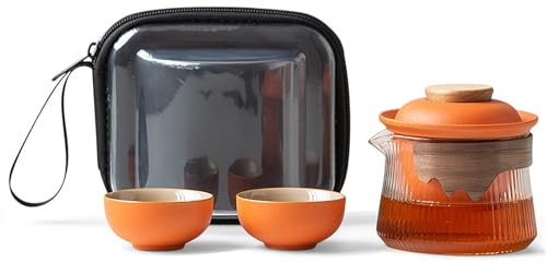 fanquare Tragbares Reiseteeservice Orange Porzellan Chinesisch Kung Fu Glas Teekanne mit Infusor Mini 1 Kanne 2 Tassen für Erwachsene