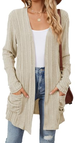 GRMLRPT Gilet Femme Long Drapé Ouverte Devant Décontracté Veste Femme Longue Cardigan Léger Long Femme Manches Longue(Beige,L)