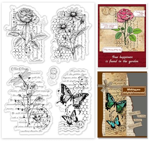 INFUNLY Vintage Flower Clear Stamps for DIY 4.3×6.3 Retro Rose Clear Silicone Stamp Dragonfly Rubber Stamps Vintage Butterfly Transparent Stamp for Card Making Decoration and Scrapbooking