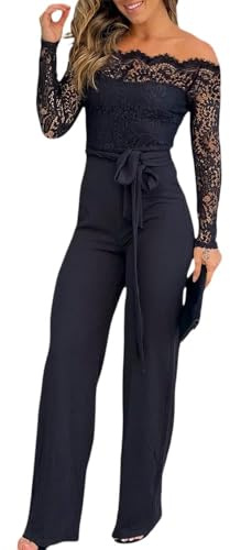 Women Off Shoulder Long Sleeve Black Jumpsuit Floral Embroidery Lace Overalls Casual Wide Leg Rompers with Belt Black-M