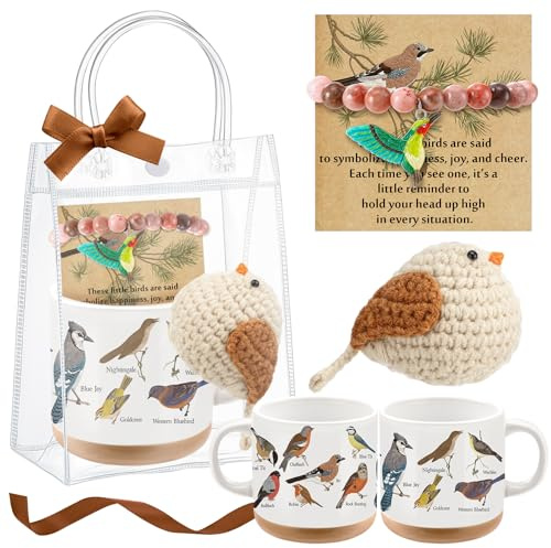 Roshtia 1 Set Birds Lover Gift for Women Bird Watching Gift Ceramic Coffee Mug Cute Handmade Crochet Hummingbird Pink Bracelet Card Bag Funny Birthday Party Favor for Mom Wife Sister Friend