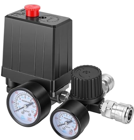 Druckschalter Kompressor 220V Druckregler Luftkompressor Druckregelventil, 1/4 Druckminderer mit Manometer Sicherheitsventil Kupplungen, 90-120PSI Kompressor Zubehör