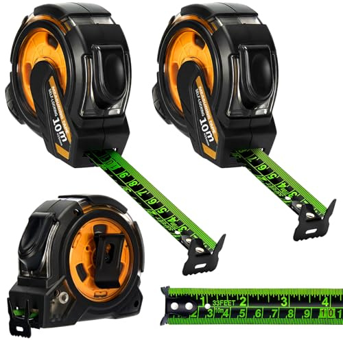 2 Pack 10M Fluorescent Steel Tape Measure - Retractable Stainless Steel Measuring Tape, Self-Lock Precision 10 Metre Tape Measure, Double-Sided Graduated, 25mm Width, Waterproof Metric Ruler