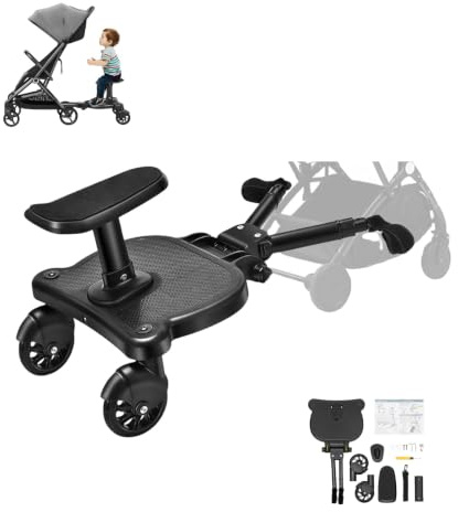 CHIMHOON Planche universelle pour poussette avec siège, maximum 30 kg | Planche de poussette avec barre de réglage, roues en polyuréthane rotatives à 360°, fixation , siège amovible pour 3 à 7 ans