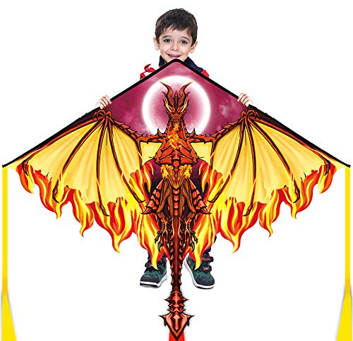 Mint's Colorful Life Drachen Flugdrachen für Kinder und Erwachsene – Einfach zu Fliegender großer Einleiner-Stranddrachen mit 300-Fuß-Schnur und Griff (Feuerdrache)