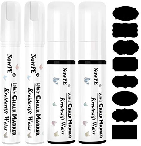 NowPE Feutre Craie Blanc, 2 Pièce Marqueurs Craie 10mm + 2 Pièce Stylo Craie Liquide 15mm + 16 Etiquettes de Tableau, Effacable avec Chiffon Humide ou Sec pour Tableau Noir, Mur, Fenêtre et Verre