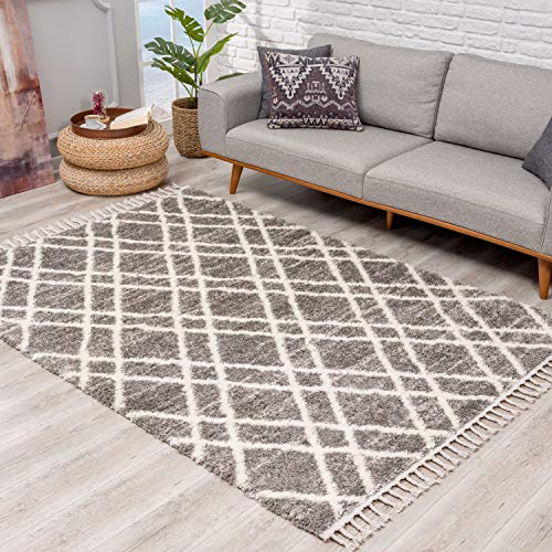 Teppich Hochflor Wohnzimmer - Ethno Raute Design 140x200 cm Grau Creme - Teppiche mit Fransen