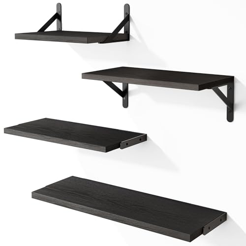 YGEOMER Wall Shelves, Black Floating Shelves Different Sizes for Living Room, Bathroom, Bedroom, Kitchen, Home Decor (Set of 4)