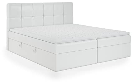 FEDVE Boxspringbett 180x200 Weiß Öko-Leder – Mokpo – Praktisches Bett mit Bettkasten – Gemütlich Kopfteil Bett mit Matratze für Viele Jahr - Stabiles Doppelbett mit Stauraum zum Schlafzimmer