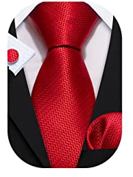 Barry.Wang Red Tie Mens Striped Necktie Solid Silk Handkerchief Cufflinks Set Wedding Party