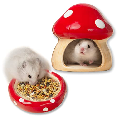 Ceramic Mushroom Guinea Pig House Hamster Hide Bed Includes Hamsters Food Bowl Guinea Pig Hideout for Hamster Chinchilla Hedgehog Rat Small Animals(Red Mushroom Set)