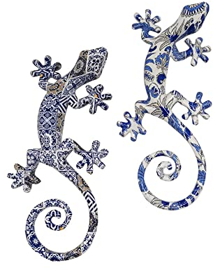 ORIGEN Set mit 2 Geckos aus Kunstharz, 1, Wanddekoration oder zum Aufstellen, Modell Retro Blues, Höhe 17 cm