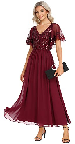 Ever-Pretty Vestido de Gala Largo Corte Imperio sin Elasticidad Manga Volantes Escote en V para Mujer Cómodo Burdeos 40