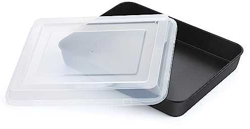 Joyfair Teglia da forno in acciaio inox con coperchio ermetico, 26,5 x 20,5 x 5 cm, nera, antiaderente rettangolare, per torte, lasagne, brownie, sana e atossica, adatta al forno e facile da pulire