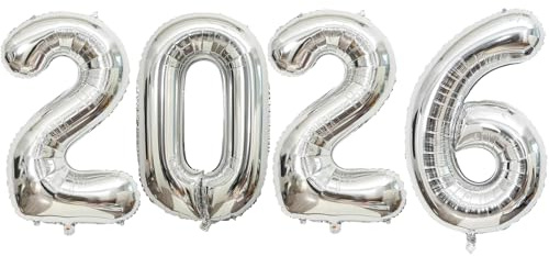 Giant Silver 2026 Balloons, 40 Large Number 2026 Balloons Helium Mylar Foil Balloons for 2026 New Year Graduation Party Decoration