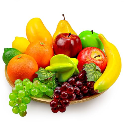 Ikosora 13 Pcs Artificial Fruit Set, Fake Mixture Fruits for Home Decor, Simulation Fruit Set for Party Christmas Decoration, Faux Fruit Model for Photoshoot, Artificial Apple Orange Pear Grape