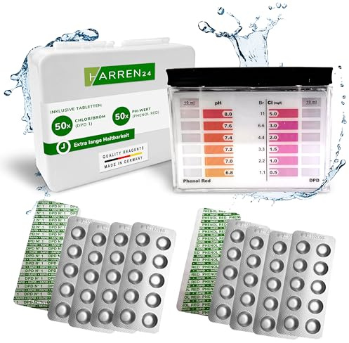 harren24 Testkit Set incl. 40 pastiglie per l‘analisi dell'acqua (Rapid) tester per acqua e scatola di conservazione, 20x DPD1 Cloro + 20x Phenol Red valore del pH, analisi dell'acqua di piscina (100)
