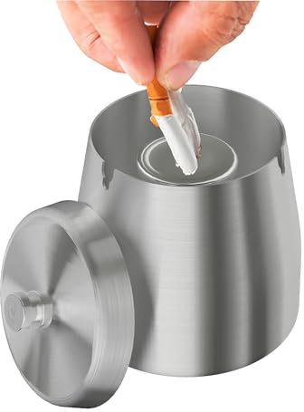 AwmnSrman Aschenbecher für den Außenbereich, Aschenbecher mit Deckel aus Edelstahl, winddicht, abnehmbar für einfache Reinigung, rutschfeste Asche für Tisch, Silber, Φ9 * H9cm
