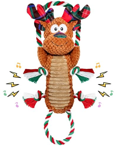 CHAWONER Christmas Squeaky Dog Toys, Dog Plush Rope Toys for Chewers, Durable Tug of War Interactive Dog Toys for Puppies, Small, Medium, and Large Dogs,Cute Reindeer,Christmas Dog Presents