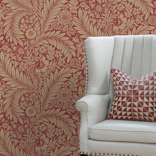 Värld av tapeter Florens Blad Tapet Blommig Metalliskt Guld/Röd 725 - Väggdekoration Väggpapper för Vardagsrum Sovrum Hall Lounge